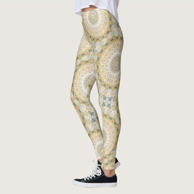 Legging Padrão de Mandala Dourado e Branco com Acentos em  (Esquerda)