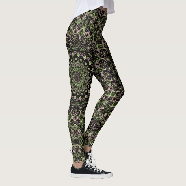 Legging Padrão de Mandala em Caleidoscópio Verde e Preto (Direita)