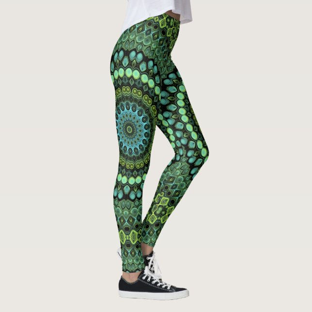 Legging Padrão de Mandala em Caleidoscópio Verde e Turques (Direita)