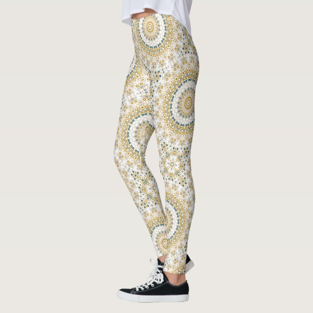 Legging Padrão de Mandala Geométrico Dourado e Verde (Esquerda)