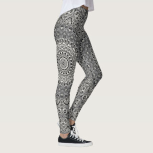 Legging Padrão de Mandala Geométrico Preto e Branco