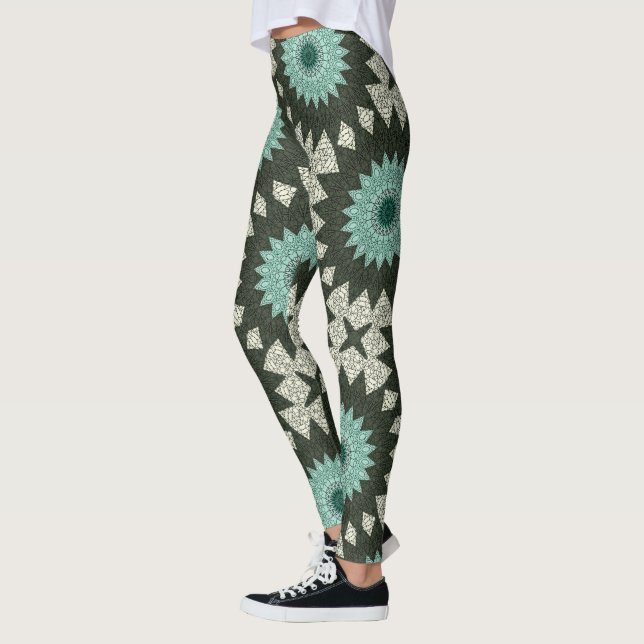 Legging Padrão de Mandala Geométrico Verde e Turquesa (Esquerda)