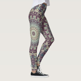 Legging Padrão de Mandala Roxo Turquesa e Creme