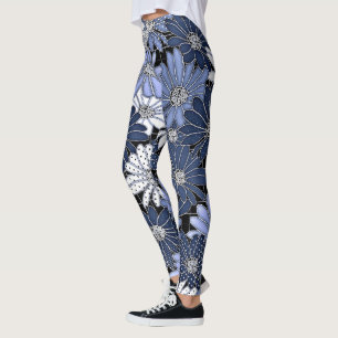Legging Padrão de Margarida Azul e Branco
