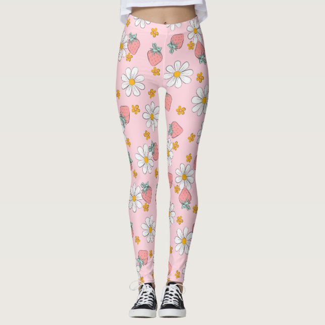 Legging Padrão de Margarida de Morango de Verão (Frente)