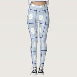 Legging Padrão de Margarida de Xadrez Azul