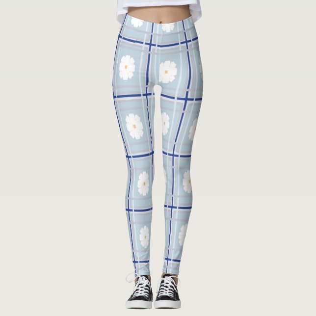Legging Padrão de Margarida de Xadrez Azul (Frente)