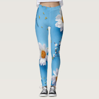 Legging Padrão de margarida floral - Azul claro