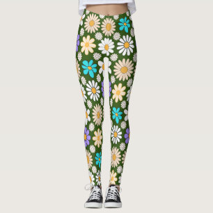 Legging Padrão de margarida retrô simples.01. D Green BG