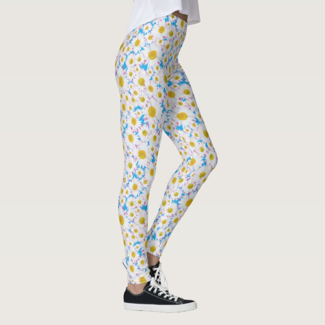 Legging Padrão de margaridas brancas desarrumadas em azul  (Direita)