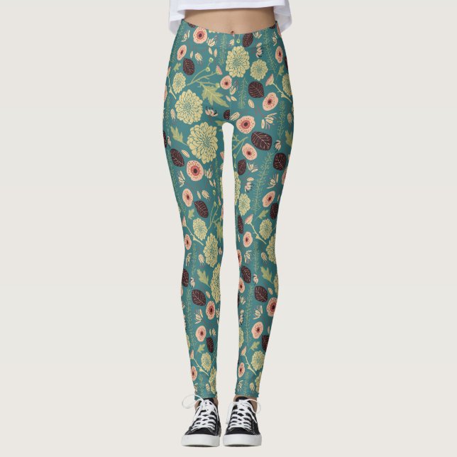 Legging Padrão de Mistura Floral Cor-de-Rosa Verde (Frente)