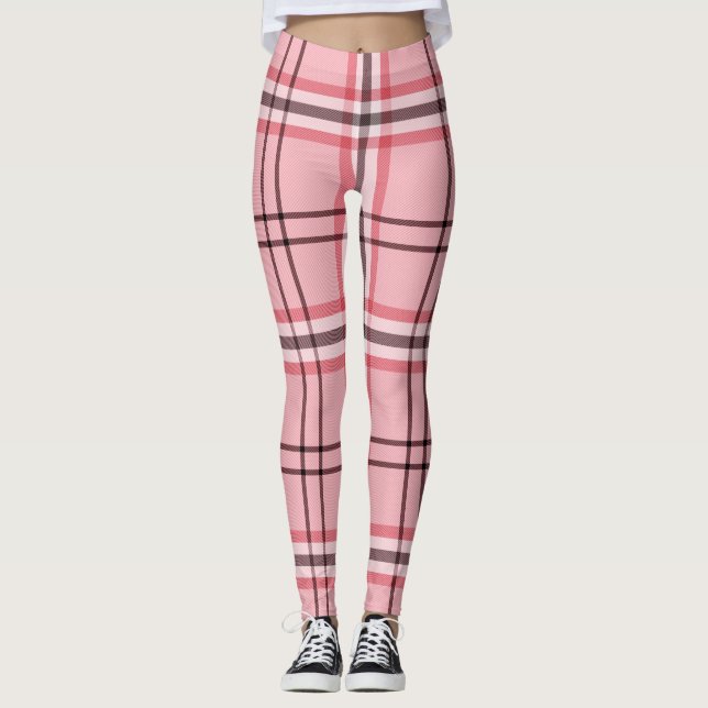 Legging Padrão de moda xadrez rosa chique e cinza (Frente)