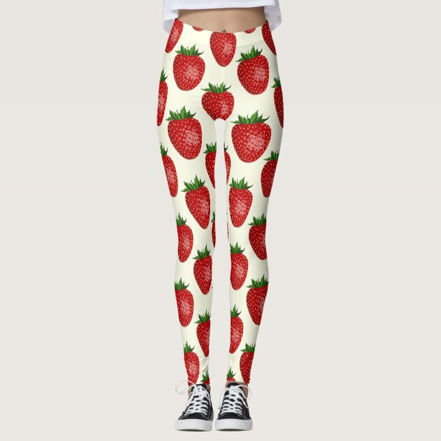Legging Padrão de Morango, Morangos Vermelhos, Fruta, Folh (Frente)