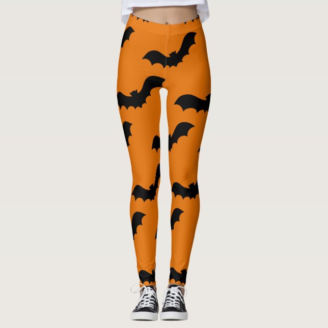 Legging Padrão de Morcegos Negros Spooky Halloween Laranja (Frente)