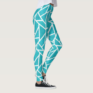 Legging Padrão de mosaico azul-esverdeado e branco