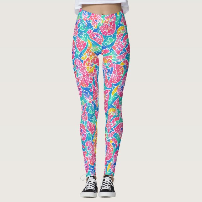 Legging Padrão de Mosaico de Aquarela Geométrica Arco-íris (Frente)