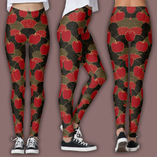Legging Padrão de Mosaico Oriental Leque Maçã Vermelha e