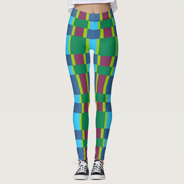 Legging Padrão de multicor abstrato com quadrados e linhas (Frente)