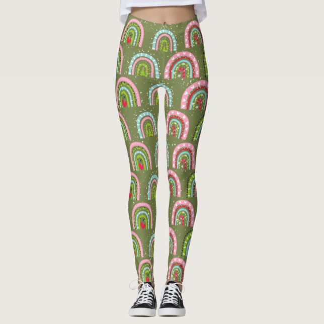 Legging Padrão de Natal Clássico - Arco-Íris Colorido (Frente)