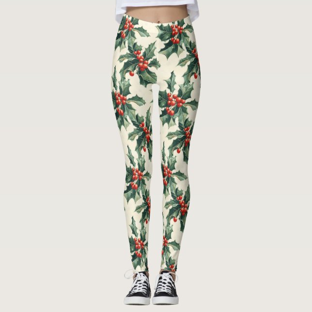 Legging Padrão de Natal com Holly Leaves e Red Berry (Frente)