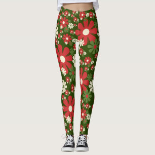Legging Padrão de Natal de Energia Flor com Flor Retro 60s