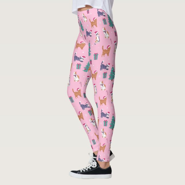 Legging Padrão de Natal de Gatos e Árvores (Esquerda)
