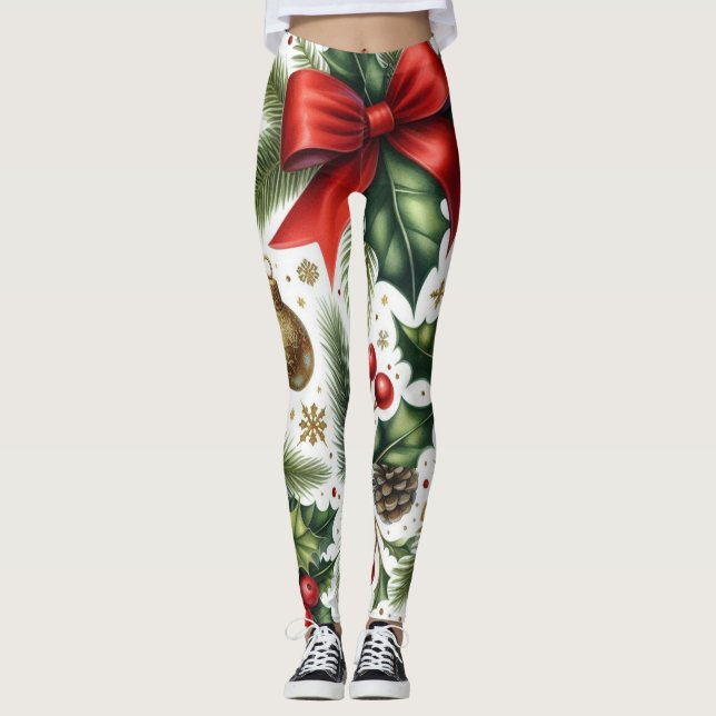Legging Padrão de Natal do Arco Vermelho em Branco (Frente)