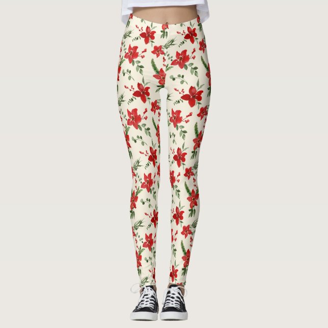Legging Padrão de Natal Floral Holly Red Verde Feriado (Frente)