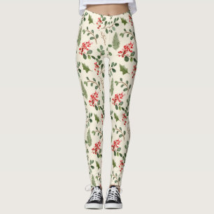 Legging Padrão de Natal Holly Red Berry Verde de Férias