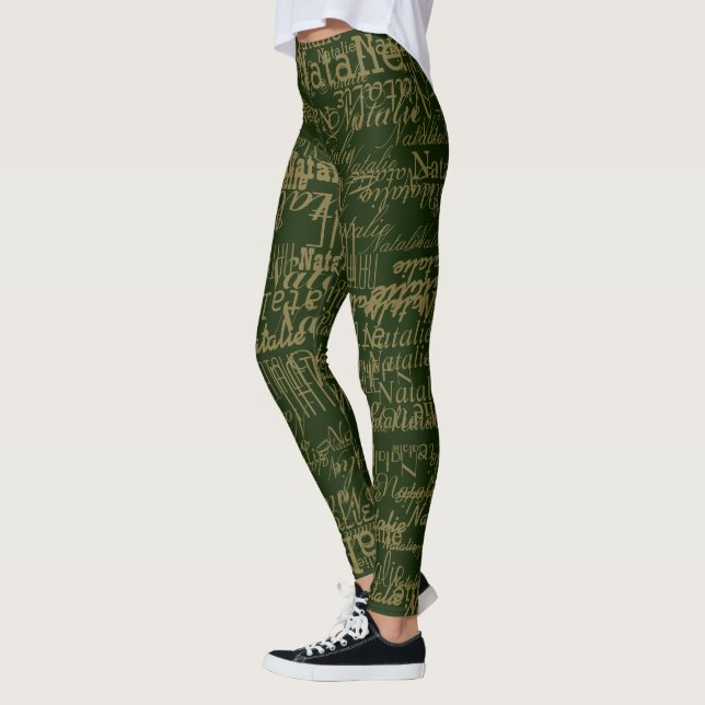 Legging Padrão de nomes tipográficos personalizado em verd (Esquerda)