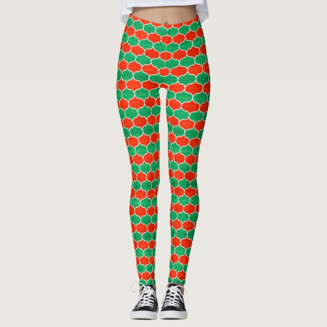 Legging Padrão de Ogee de Natal Verde Festivo (Frente)