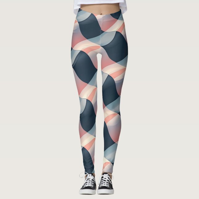 Legging Padrão de onda 3D elegante em Teal, Rosa e Cream (Frente)