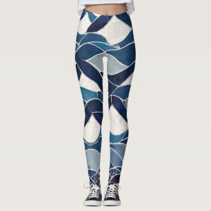 Legging Padrão de onda branca azul 01