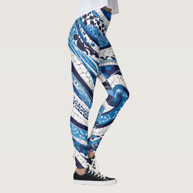 Legging Padrão de onda branca azul 05 (Direita)