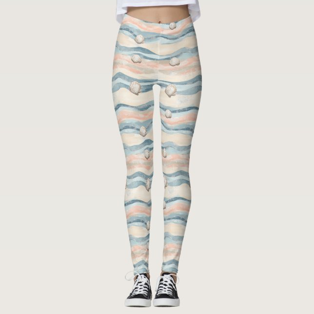 Legging Padrão de Onda de Concha Marinha Boho Costeira (8) (Frente)