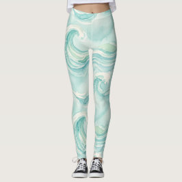 Legging Padrão de Onda do Oceano em Aquarela