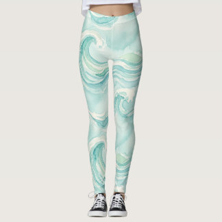 Legging Padrão de Onda do Oceano em Aquarela