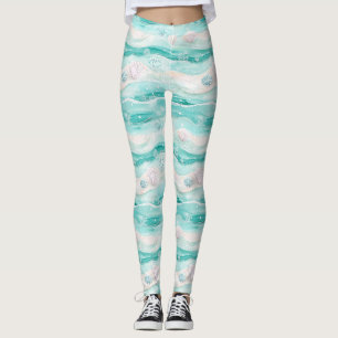 Legging Padrão de ondas do oceano aqua e conchas marinhas