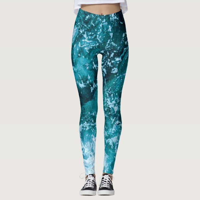 Legging Padrão de Ondas Marítimas do Oceano Turquesa (Frente)
