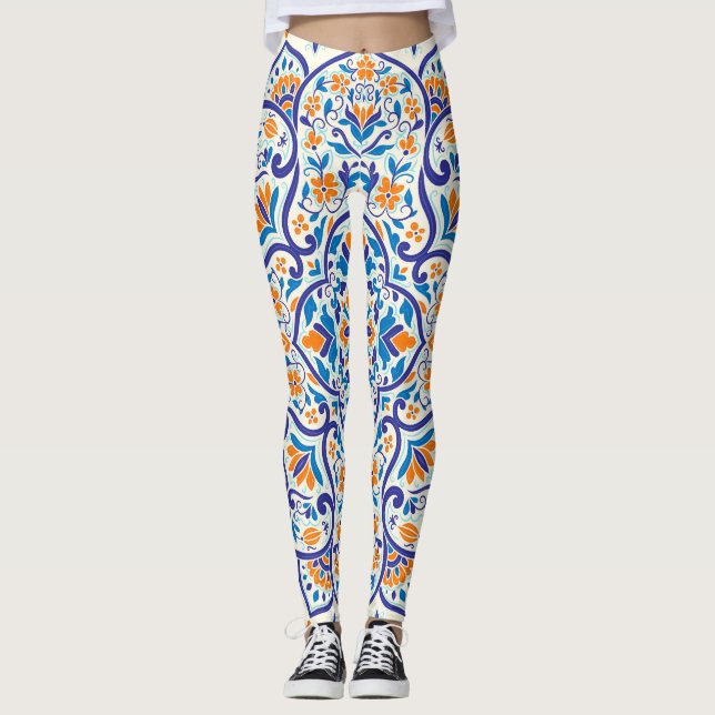 Legging Padrão de Ornamento Azul Laranja de Luxo (Frente)