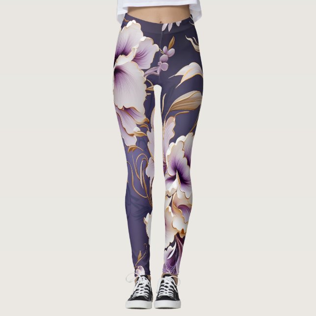 Legging Padrão de orquídeas - Branco violeta e Dourado (Frente)