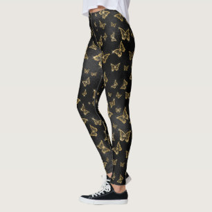 Legging Padrão de ouro e borboletas pretas