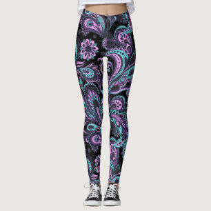 Legging Padrão De Paisley Rosa E Azul