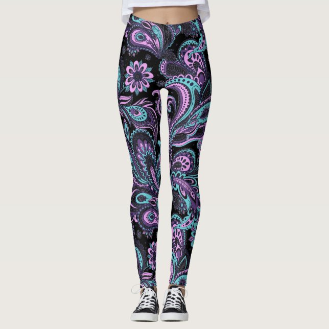 Legging Padrão De Paisley Rosa E Azul (Frente)