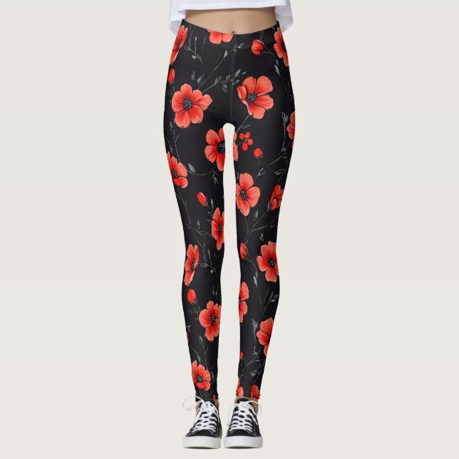 Legging Padrão de Papoila Vermelha (Frente)