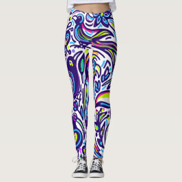 Legging Padrão de pássaro boêmio Elegante azul e branco