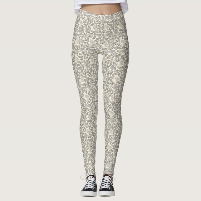 Legging Padrão de Pássaro Cinza e Marfim (Frente)
