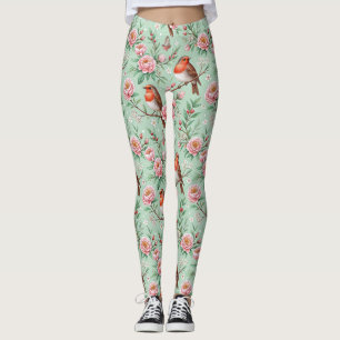 Legging Padrão de Pássaros Florais em Fundo de Hortelã (5)