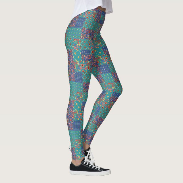 Legging Padrão de Patchwork do Faux Impressões Retro Chic (Direita)