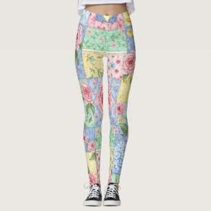 Legging Padrão de Piquenique com Remendo Floral Pastel (11